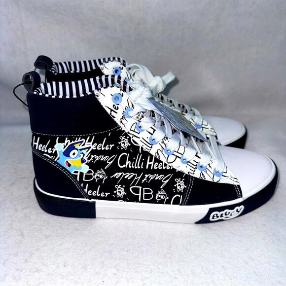NWT Adult Bluey High Top Sneakers Graffiti Print Black, White, and Blue 12 Mens - Picture 1 of 9